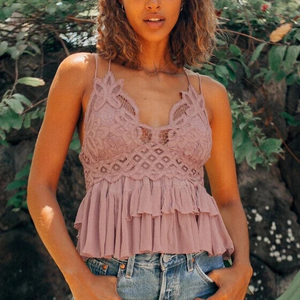 Free People Adella Cami Mauve Lace Ruffled Tank Top XS - Picture 1 of 10